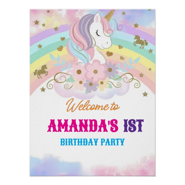 Pôster Unicorn Rainbow 1st Birthday Party Welcome Sign (Frente)