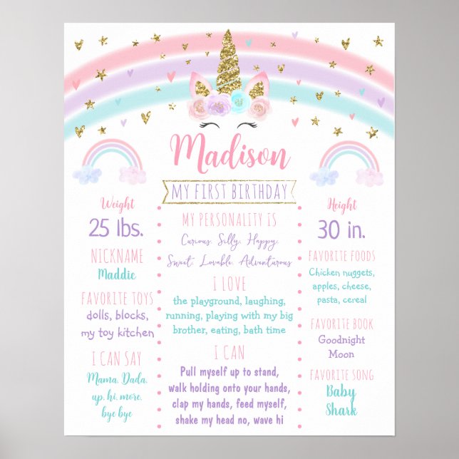Poster Unicorn Rainbow Pink Dourado Primeiro Passo de Ani (Frente)