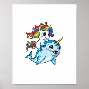 Poster Unicorn Riding Narwhal Mulheres Engraçadas Rainbow