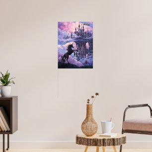 Poster Unicorn Silhouette e Castle em Nuvens Rosa