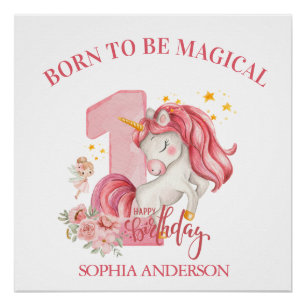 Pôster Unicórnio 1º Aniversário Menina Rosa