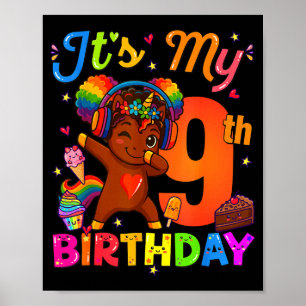 Poster Unicórnio Afro Aniversário de 9 anos Menina Cabelo