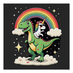 Pôster Unicórnio Arco-Íris Montando T rex - Dinossauro Me