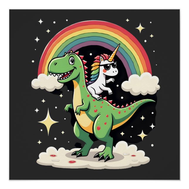 Pôster Unicórnio Arco-Íris Montando T rex - Dinossauro Me (Frente)