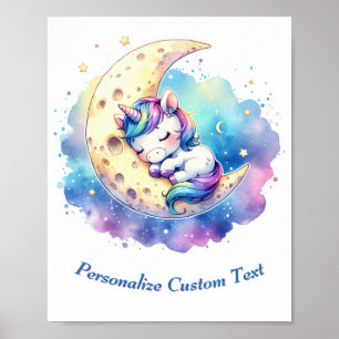 Poster Unicórnio Bebê Fofo Personalizado Dormindo na Lua
