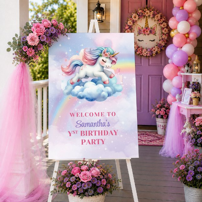 Poster Unicórnio Caprichoso Cores Pastel Menina Aniversár (Whimsical Unicorn Pastel Colors Girl Birthday Welcome

)