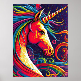 Poster Unicórnio com Arte Rainbow Mane e Starry Night Ai
