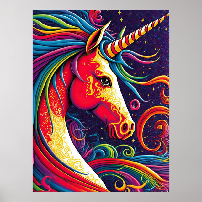 Poster Unicórnio com Arte Rainbow Mane e Starry Night Ai (Frente)