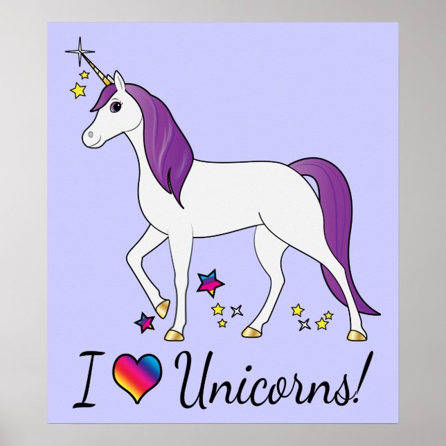 Pôster Unicórnio com Cabelo Roxo: Eu Amo Unicórnios! (Frente)