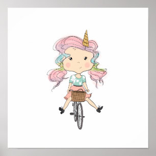 Poster Unicórnio da menina em uma bicicleta