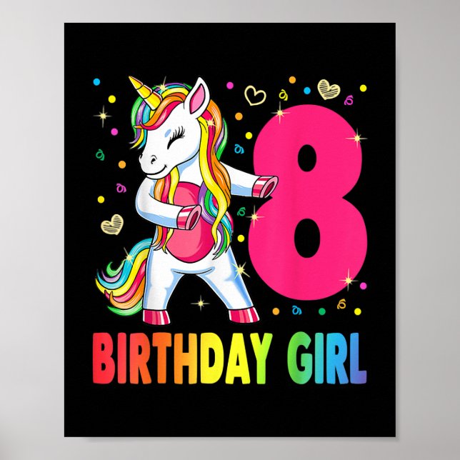 Poster Unicórnio de 8 anos, Flosing 8th Birthday Girl (Frente)