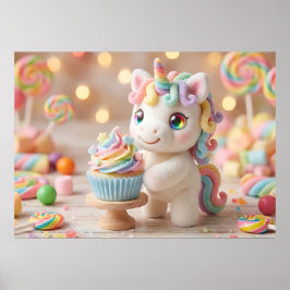 Poster Unicórnio de Bala Pastel com Cupcake de Arco-íris