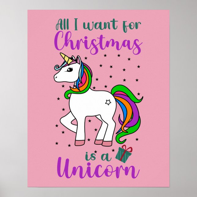 Poster Unicórnio de Natal Arco-íris Mágico Verde Roxo (Frente)