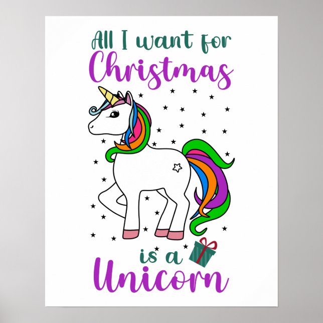 Poster Unicórnio de Natal Arco-íris Mágico Verde Roxo Pos (Frente)
