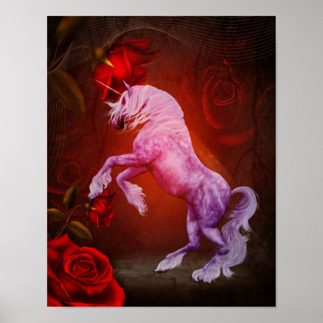 Pôster Unicórnio E Rosas vermelhas Fantasy Horse Art (Frente)