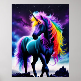 Poster Unicórnio Escuro com Rainbow Mane