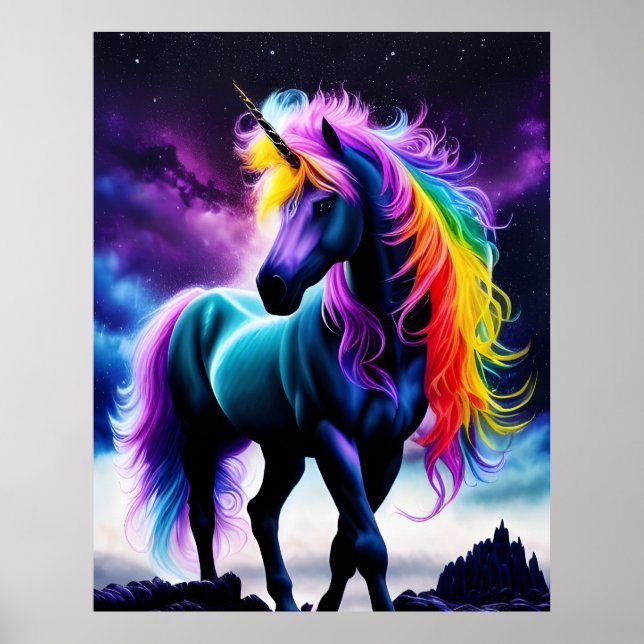 Poster Unicórnio Escuro com Rainbow Mane (Frente)
