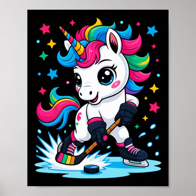 Poster Unicórnio Kawaii de Hóquei no Gelo (Frente)