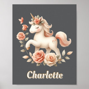 Poster Unicórnio pastel caprichoso com carvão e rosas