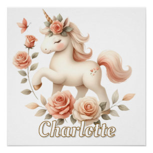 Pôster Unicórnio pastel caprichoso com rosas