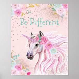 Poster Unicórnio Rosa Azul Floral Brilho Dourado Glam