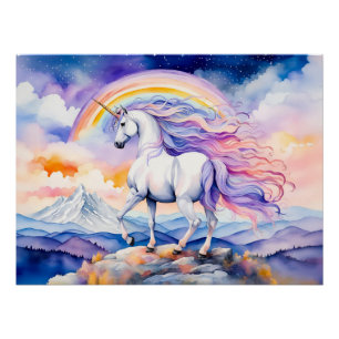 Pôster Unicórnio sob Nuvens de Arco-íris Pastel Suave