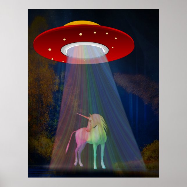 Poster Unicórnio sob UFO Rainbow Beam at Night, ZKoA (Frente)