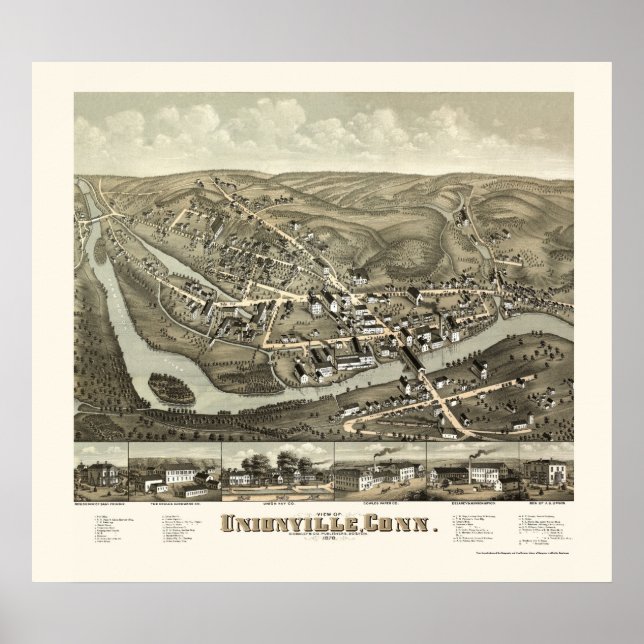 Poster Unionville, CT Mapa Panorâmico - 1878 (Frente)