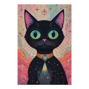 Pôster Universo de Gato Preto Cósmico Futurista Atômico