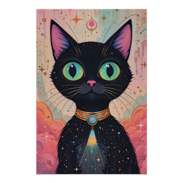 Pôster Universo de Gato Preto Cósmico Futurista Atômico (Frente)