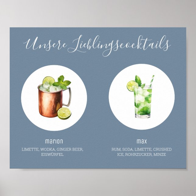 Poster Unsere Lieblingscocktails Hochzeit Dusty Blue 01 (Frente)