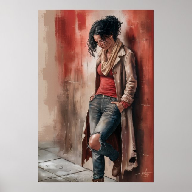 Poster Urban Solitude: Figure Against the Red Wall (Frente)
