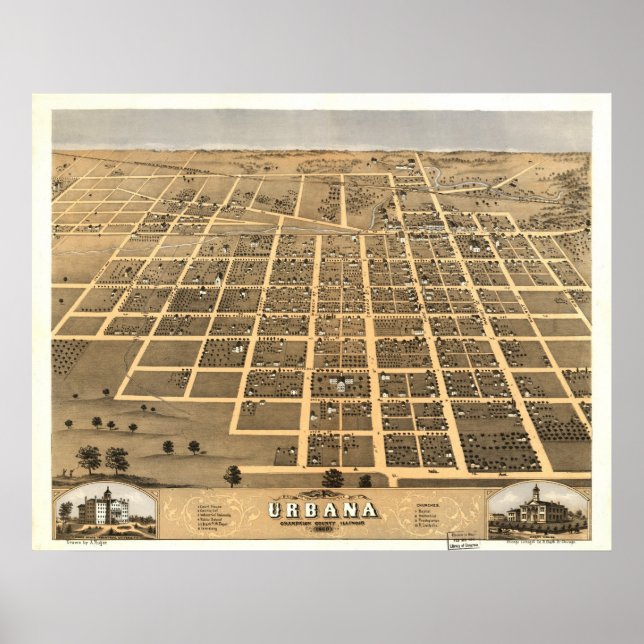 Pôster Urbana Illinois 1869 Mapa Panorâmico Antiquado (Frente)