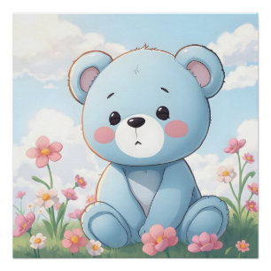 Pôster Ursa de pelúcia azul fofa no jardim