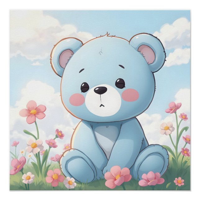 Pôster Ursa de pelúcia azul fofa no jardim (Frente)