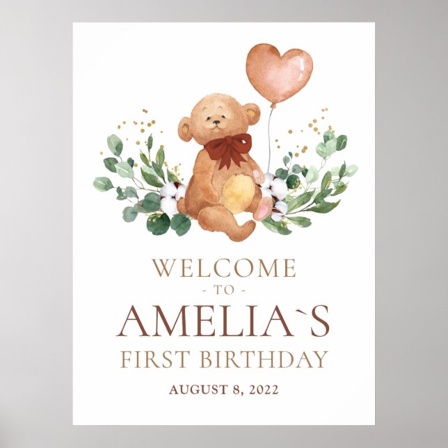 Poster Ursa de pelúcia com verde Olá Bebê Aniversário Pos (Frente)