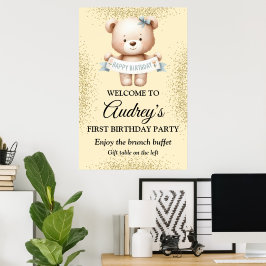 Poster Ursa de pelúcia fofa com Faixa de Aniversário