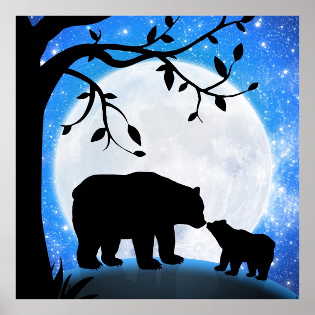 Poster Ursa filhote e silhueta da mamãe lua sob as estrel (Frente)