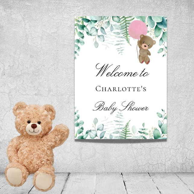 Poster Ursinho de chuveiro de bebê menina rosa floresta d (Criador carregado)