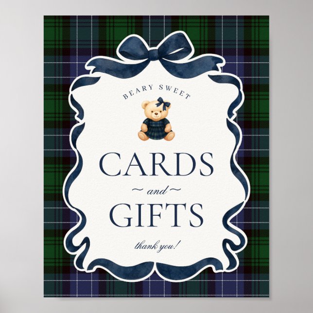 Poster Ursinho de Laço Coquete Préppy Plaid Cartões e Pre (Frente)
