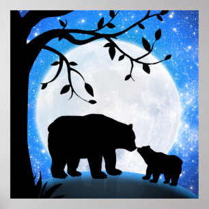 Poster Ursinho e silhueta da mamãe lua sob as estrelas 