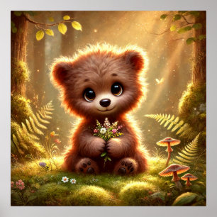Poster Ursinho Fofo com Flores na Floresta Encantada
