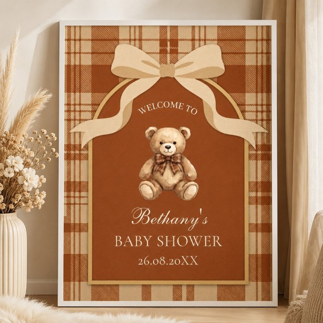 Poster Ursinho Préppy Clássico Xadrez Bem-vindo  (Classic Preppy Teddy Bear Plaid Welcome Poster)