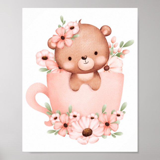Poster Ursinho rosa e bonito numa xícara com flores (Frente)