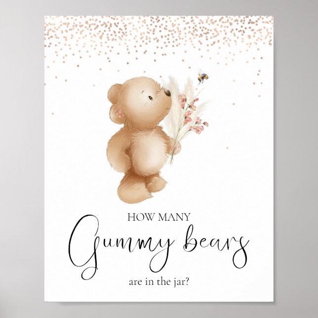 Poster Urso & Abelha | Quantos? Jogo para Chá de Bebê (Frente)