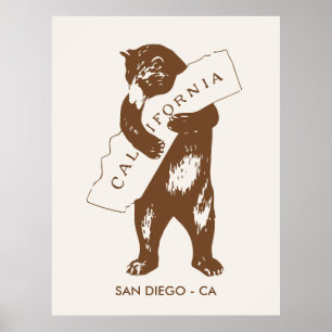Poster Urso Abraçando o Mapa da Califórnia Cidade Persona