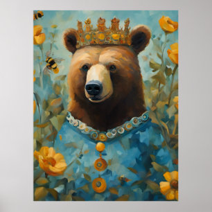 Poster Urso Adorável em Coroa com Flores e Abelhas