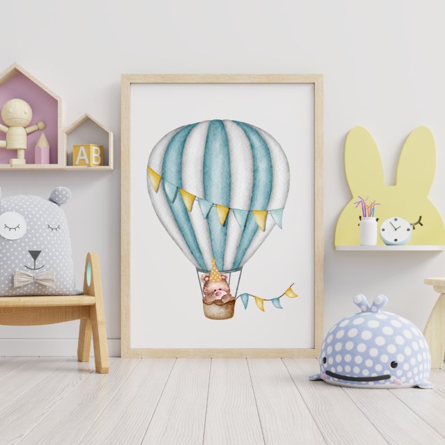 Poster Urso Aquarela Balão de Ar Festivo Quarto de Menino (Criador carregado)