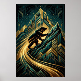 Poster Urso Art Deco subindo o Monte Golden Path