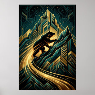 Poster Urso Art Deco subindo o Monte Golden Path